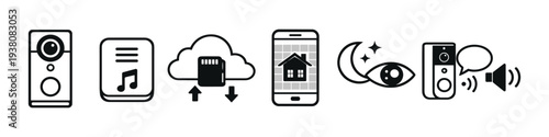 Smart home technology icons for security, entertainment, and data management