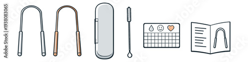 Oral hygiene tools including tongue scrapers, case, brush, and calendar tracker