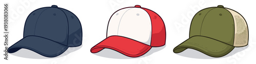 Three different baseball caps displayed side by side on a white background
