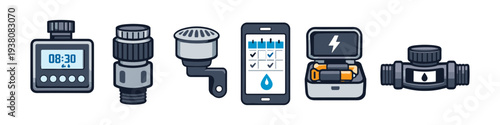 Smart irrigation system components: timer, valve, sensor, app, batteries, and flow meter