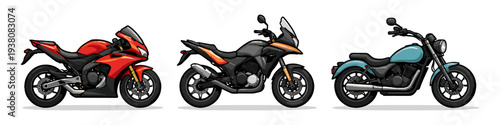 Three different types of motorcycles displayed side by side on a white background