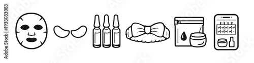 Set of beauty and skincare icons including sheet mask, eye patches, ampoules, and creams