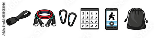 Home workout equipment set with resistance bands, carabiners, exercise chart, and phone