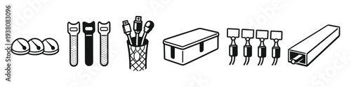 Collection of icons representing cable management and organization tools