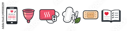 Menstrual cycle tracking, hygiene products, and pain relief icons
