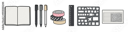 Bullet journal supplies for planning and creativity, including notebook, pens, tape, ruler, stencil, and calendar