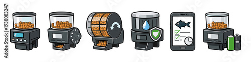 Automatic fish feeder icons showing different models and smart features for aquarium care