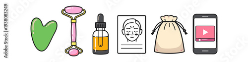 Beauty routine set with gua sha, face roller, serum, instructions, and pouch