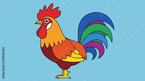 Brightly colored cartoon rooster vector illustration on a light blue background