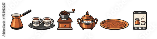 Traditional Turkish coffee set with grinder, sugar bowl, tray, and smartphone illustration