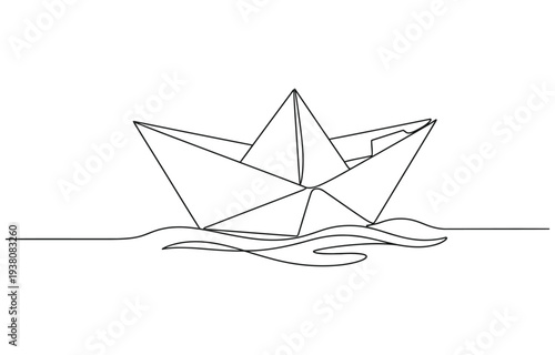 Paper boat in the sea one line art drawing, One continuous line drawing of paper boat.