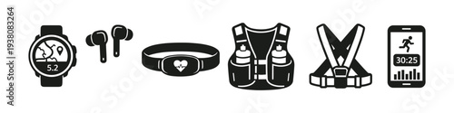 Running gear icons: smartwatch, earbuds, heart rate monitor, hydration vest, and phone app