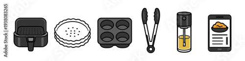 Collection of kitchen gadgets and cooking accessories for air fryer and baking