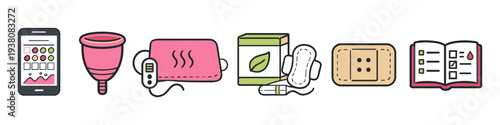 Menstrual hygiene products and cycle tracking app icons for women's health and wellness