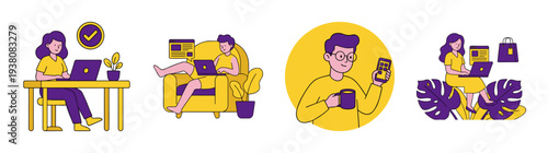 Flat Vector Remote Work and Digital Lifestyle Illustration Set for Freelance Business Marketing