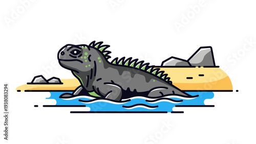 Marine Iguana Illustration on Beach and Ocean Water Icon