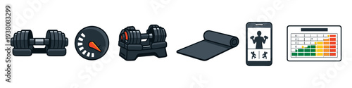 Fitness equipment and progress tracking icons for a healthy lifestyle and workout routine