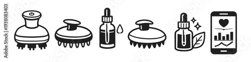 Scalp massager, serum bottles, and health tracking app icons on white background