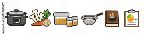Illustration of cooking ingredients and tools for making bone broth and analyzing recipes