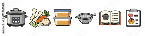 Illustration of kitchen tools and ingredients for making homemade broth