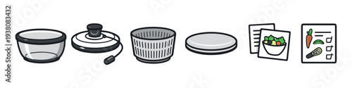 Kitchen salad spinner with lid, basket, and recipe cards for healthy eating