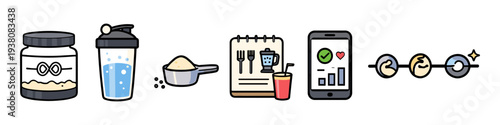 Fitness and nutrition icons: protein powder, shaker, meal plan, and health app