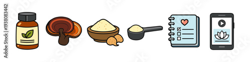Herbal supplements, mushroom, powder, and wellness tracking on phone and notebook