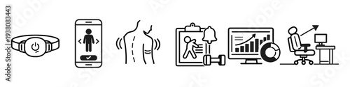 Health and fitness tracking icons: wearable device, app, posture, workout, and progress monitoring