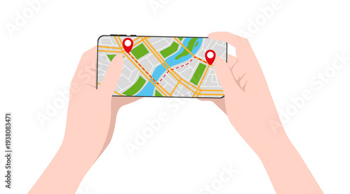 Hands holding smartphone. Concept of gps navigation, car sharing or taxi app on screen. Vector isolated decoration element. 
