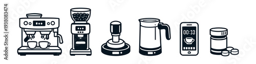Collection of coffee making equipment and accessories, presented as icons