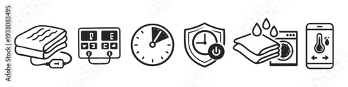 Set of icons representing features of an electric blanket and its care