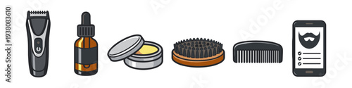 Beard grooming kit with trimmer, oil, balm, brush, comb, and smartphone app