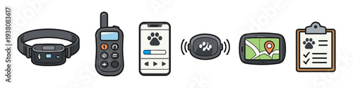 Dog tracking and training system components: collar, remote, app, tracker, GPS, and checklist