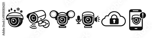 Collection of security camera icons illustrating various features and functions for surveillance systems