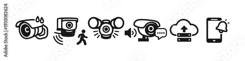 Security camera features icons: weather resistance, motion detection, night vision, audio, cloud storage, and alerts