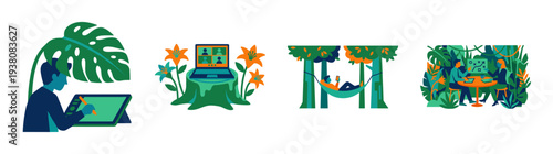 Flat Vector Remote Work and Nature Integration Graphic Set for Modern Digital Nomad Lifestyle