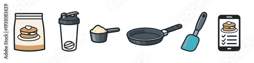 Pancake making ingredients and tools, including protein powder and recipe app