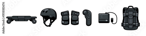 Electric skateboard accessories including helmet, pads, controller, battery, and backpack