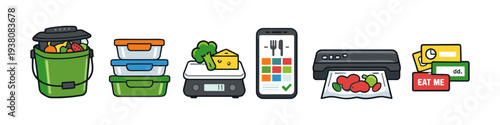Food waste reduction and management tools illustrated in a flat design style