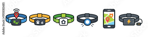 Collection of pet tracking collars and smartphone app icons for pet safety and location