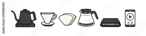 Set of coffee brewing equipment including kettle, dripper, filters, carafe, scale, and phone