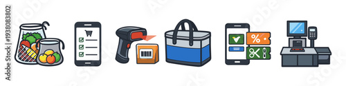 Icons representing online grocery shopping, scanning, and checkout process