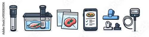 Sous vide cooking equipment and accessories illustrated in a clean, modern style