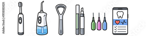 Collection of modern dental hygiene tools and digital health app on smartphone