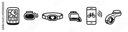 Collection of cycling computer icons and accessories for tracking rides and performance