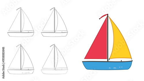 Step-by-Step Sailboat Drawing Tutorial for Kids Using Simple Geometric Shapes in Clean Vector Art