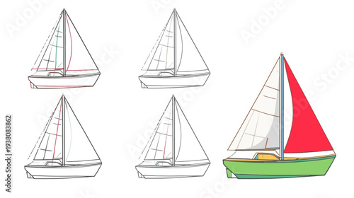 Cute Sailboat Illustration in Four Panels on White Paper
