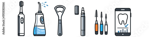 Collection of modern dental hygiene tools and digital health monitoring app