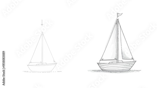 Step-by-Step Drawing Tutorial of a Cute Sailboat Illustration, Minimal Black Pencil Art on White Paper