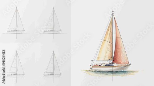 Step by Step Sailboat Drawing Tutorial, Vector Line Art Illustration, Minimal Black Outline Design